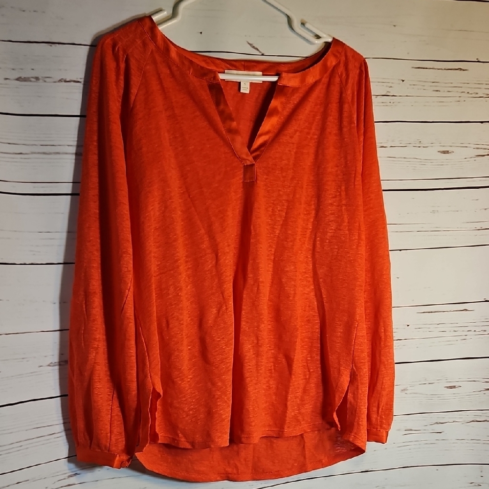 Etcetera Womens‎ Blouse Top Long Sleeve Split Neck Orange ,Linen,Silk, Small